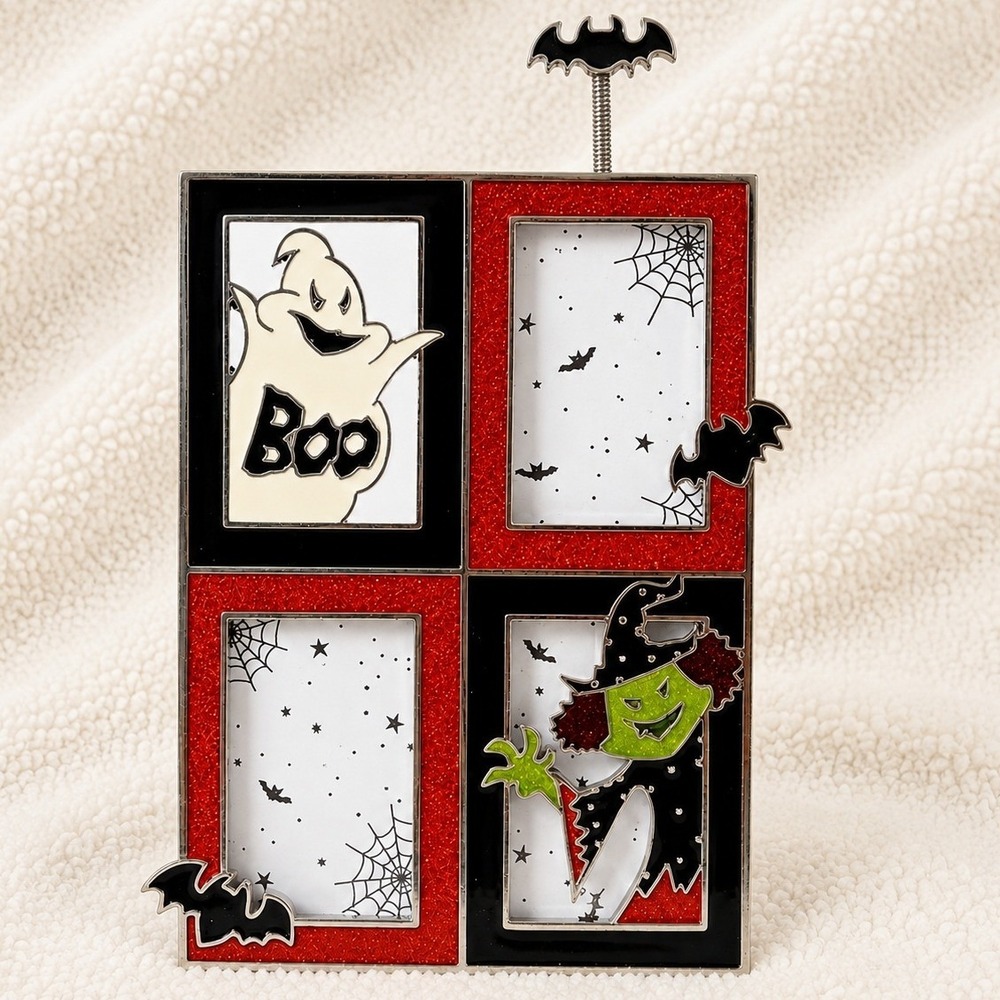 Halloween Double Picture Frame Ghost Witch Bat Glitter Orange Black 2‎ Photo